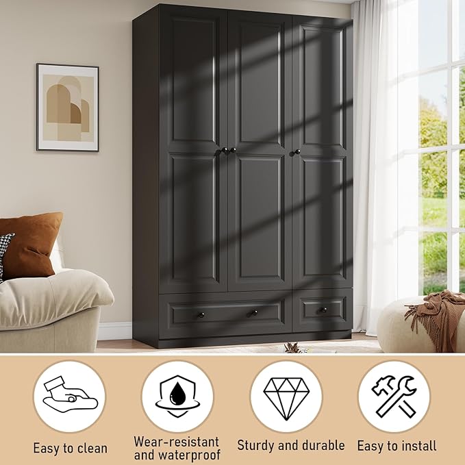 Armoire Wardrobe Closet with Drawers: 74" Black Tall Wooden Wardrobe Closet for Hanging Clothes, Large Bedroom Armoires with 2 Drawers, 3 Door Armoire Storage Cabinet (Black, 47")