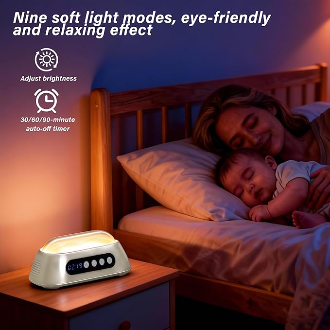 White Noise Machine for Sleep with Built-in Dual Speakers, 18 Soothing Sounds, 30–90 Min Timer, 7-Color Ambient Light, Memory Function, Battery Powered for Bedroom & Office