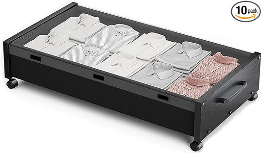 KITHELP Wooden Under Bed Storage with Wheels, Rolling Under the Bed Storage Bins with Removable Lid, Metal Under Bed Drawers for Clothes and Shoes in Bedroom or Living Room(Black Wood-1pack)