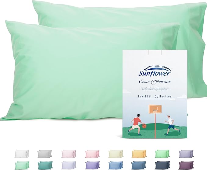 Sunflower Queen Pillowcases Set of 2, 100% Cotton Queen Pillow Cases 2, 20×30 inches Zephyr Green, Soft and Breathable