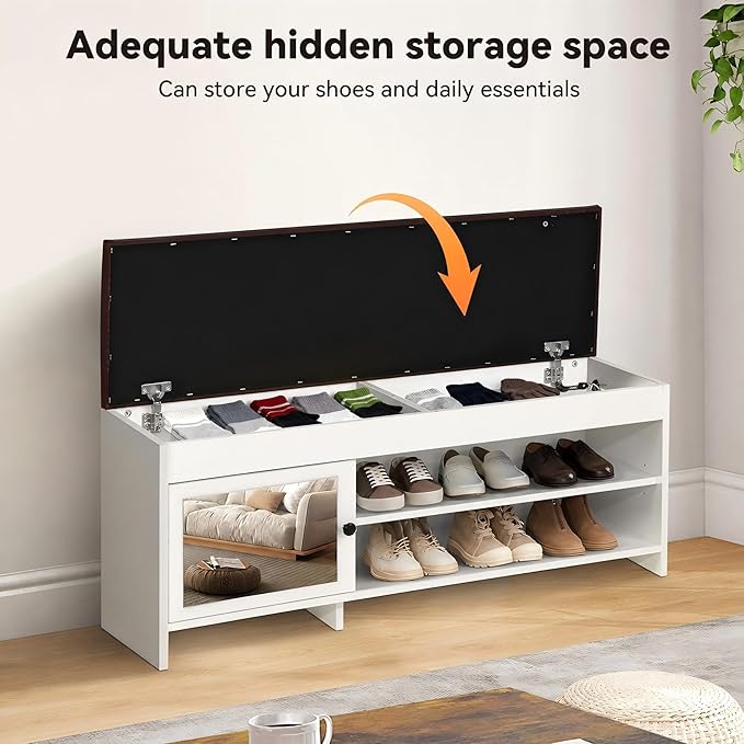 Shoe Bench with Storage - Lift Top Entryway Bench with Hidden Storage, Bench with Adjustable Shelves and Cushioned Seat, Wood Storage Bench for Entryway Mudroom, Bedroom End of Bed, Hallway,40.5in