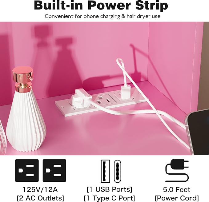 YESHOMY Vanity Desk with Mirror, Power Outlet and 10 Lights, Makeup Table with 7 Drawers, 3 Color Modes Available for Bedroom, Light Pink