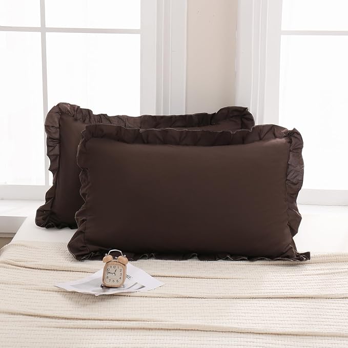 Merryword Dark Brown Pillow Shams Chocolate King Pillowcases Cute Pillow Cover Set of 2 Soft Shabby Chic Ruffled Pillowcases 2 Pack (King (20''x36''), Chocolate)