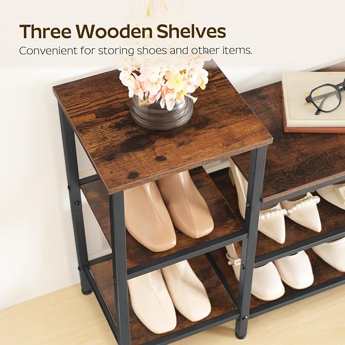 YATINEY 3-Tier Shoe Rack Bench, Wooden Shoe Storage Bench, Industrial Entryway Bench with Storage, Multi-Functional Shoe Rack with Seat for Bedroom, Hallway, Living Room, Rustic Brown and Black HX05BR