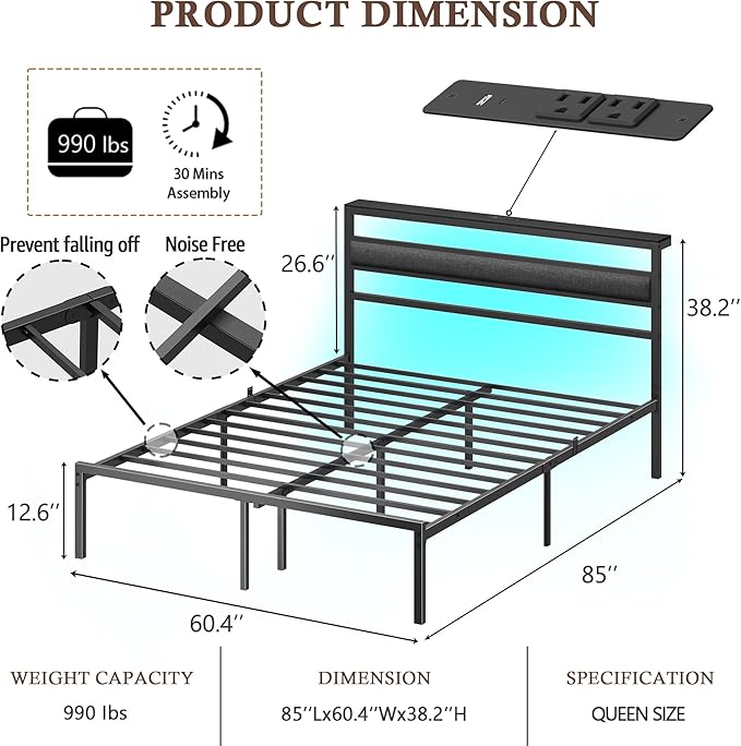Ourpic Queen Bed Frame with Led Lights and Charging Station, Bed Queen Size Frame with Headboard and Under Bed Storage, Black Metal Platform Bedframe and Storage Shelf, Easy Install