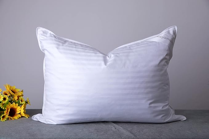 Queen Size Goose Down Feather Hotel Collection Bed Pillows for Sleeping One Pillow for Back, Stomach or Side Sleepers Stripe White Color