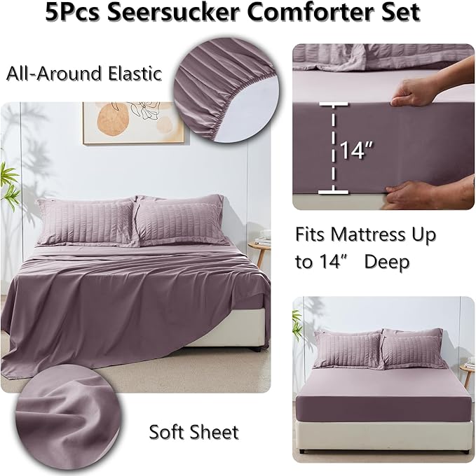 CozyLux Twin Comforter Set with Sheets 5 Pieces, Dusty Purple Seersucker Textured Bed in a Bag, Grayish Purple Luxury Soft Bedding Sets with Down Alternative Comforter, Sheets, Pillowcase & Sham