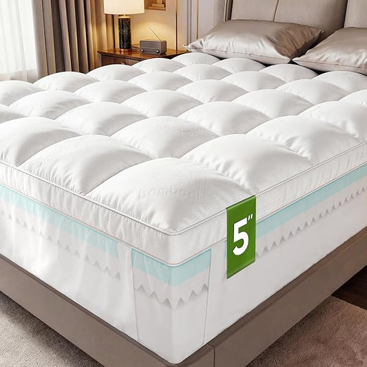 5 Inch Twin XL Mattress Topper,Memory Foam Mattress Toppers-2.5" Cooling Gel Foam Mattress Pad+2.5" 1500GSM Thick Bamboo Pillow Top with 2X Soft and Supportive for Back Pain Relief,80 * 39 * 5in