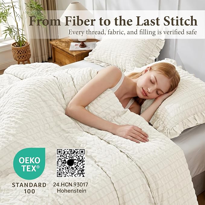 JOLLYVOGUE Ivory King Comforter Set, 3 Pieces Seersucker Comforters King Size, Lightweight & Fluffy Bedding Sets King for All Season with 1 Ruffle Comforter and 2 Ruffle Pillowshams