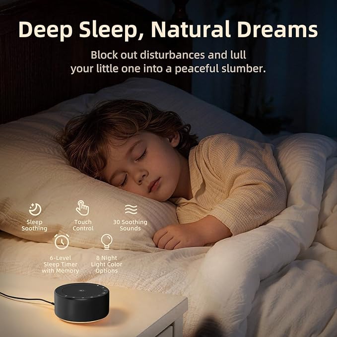 Kipcush White Noise Machine - Soft Non-Glare Nursery Lamp, 30 Soothing Sounds, 8 Color Lights, Max 8-Hour Timer for Baby & Adults (Black, Standard)