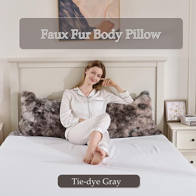 Luxury Shaggy Faux Fur Body Pillow,Fluffy Bed Pillow with Zipper Closure,Soft Decorative Plush Full Long Pillows,Fuzzy Hug Pillow for Living Room Side Sleeper & Pregnancy 20"x54" Tie-dye Gray