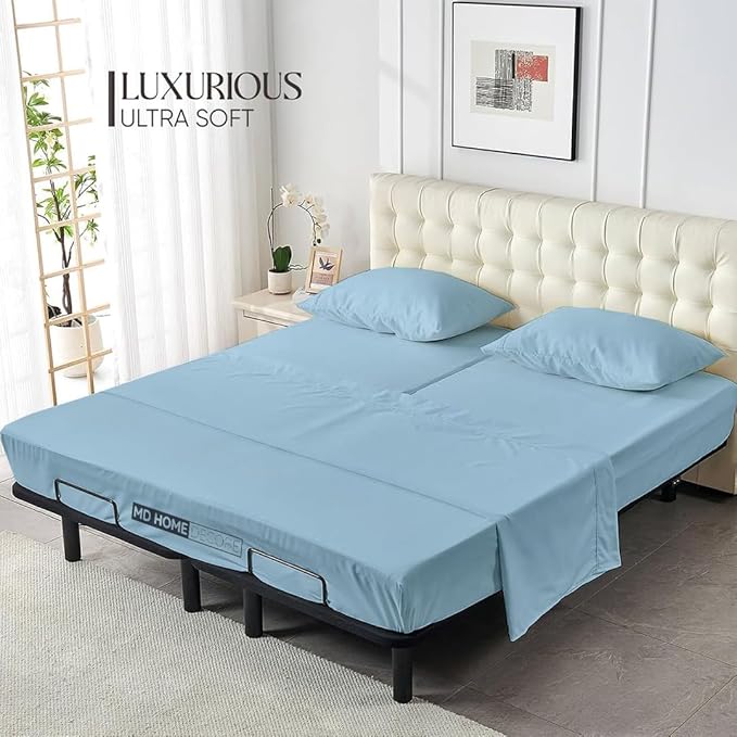 Top Split Flex Head King Size Sheet Set, 34" Top Split Sheets, Sheet Sets for Adjustable Beds, Egyptian Cotton, 16 Inch Deep Pocket, Light Blue, Solid