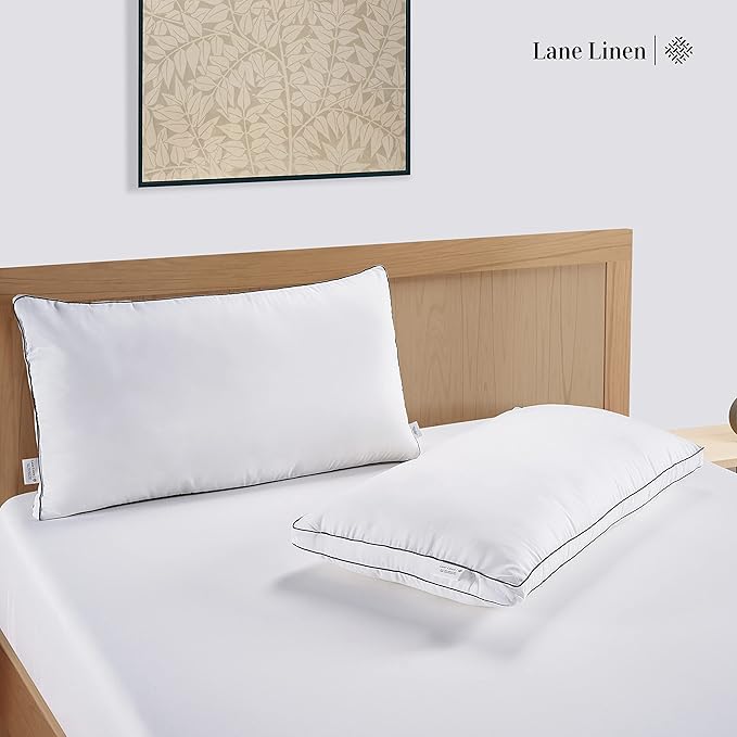 LANE LINEN Bed Pillows Standard Size Set of 2-20"x26" Medium Firm Down Alternative Pillows for Sleeping, Hotel Quality Back Stomach or Side Sleeper Pillow, Cooling Soft Breathable Easy Care - White