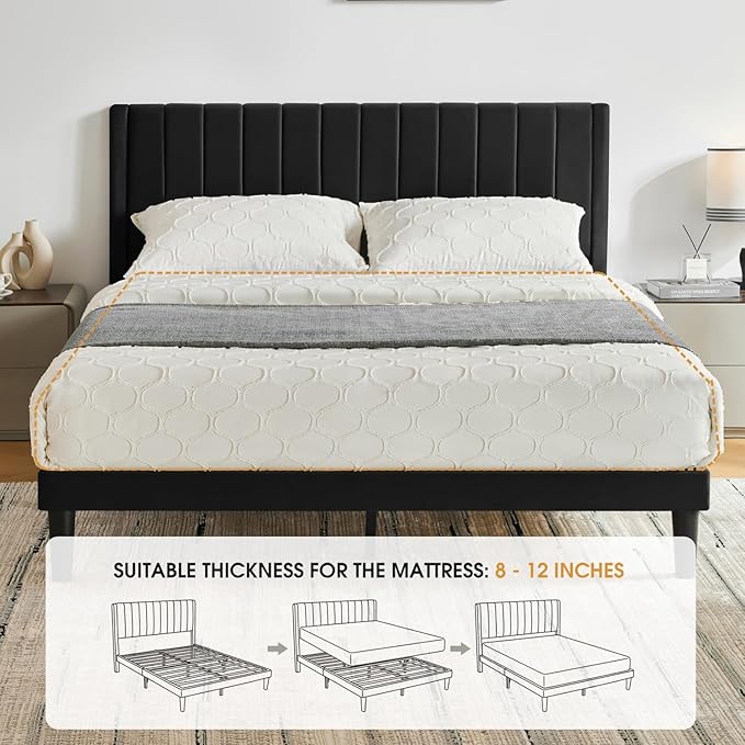Full Bed Frame Upholstered Platform,Full Size Bed Frame with Velvet Headboard,Non-Slip and Noise-Free/Wooden Slats Support/No Box Spring Needed/Easy Assembly/Mattress Foundation Black (Black, Full)