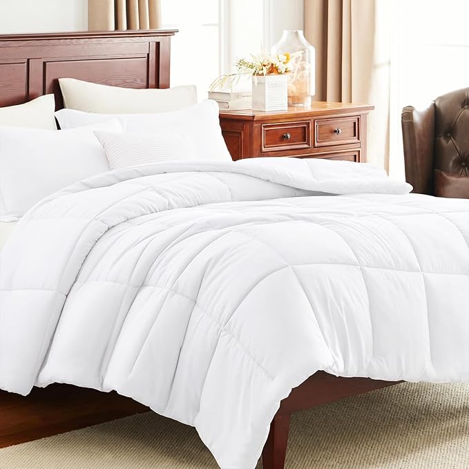 CozyLux King Size Comforter Set - 270GSM White Bedding Sets for All Seasons Size, 3 Pieces Box Stitched Bed Set with 1 Down Alternative Comforter and 2 Pillow Shams, Soft, Lightweight, Durable