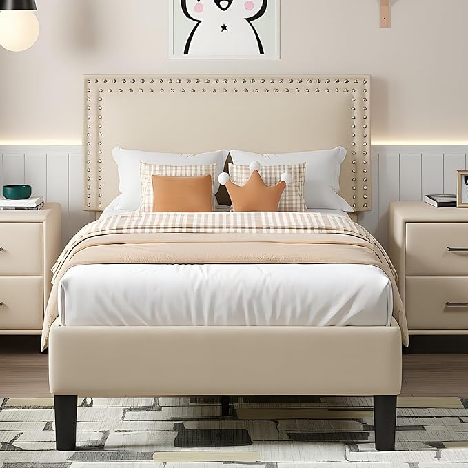 VECELO Twin Size Platform Bed Frame with Height Adjustable Upholstered Headboard, Modern Mattress Foundation,Strong Wood Slat Support, No Box Spring Needed, Easy Assembly, Beige