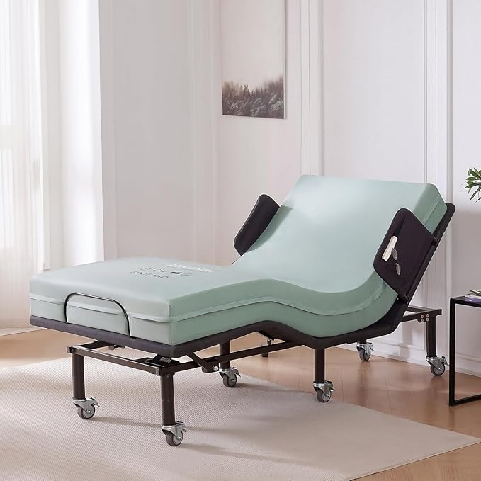 Twin XL Adjustable Bed Frame with Bed Rails for Elderly Adults - Adjustable Bed with Extra Long Twin Mattress 8 inch, Wireless Remote, Under-Bed Light, Brake Wheel Legs Zero Gravity Electric Bed Frame