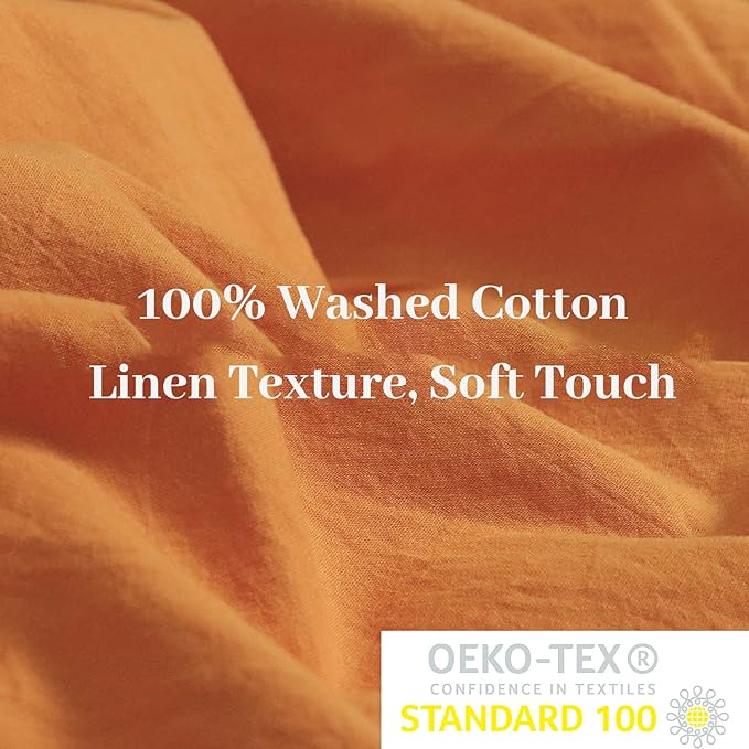 NEXHOME PRO Duvet Cover Set Oversized Queen 98"x98" Linen Look Textured Organic Natural 100% Washed Cotton Duvet Cover 3 Pieces Bedding Set Zipper Closure, Breathable, Halloween Orange(No Comforter)