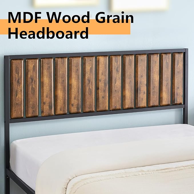 GarveeHome Full Size Bed Frame with Wood Headboard, Metal Platform Bed Frames with Heavy Duty Steel Slats, No Box Spring Needed, Under Bed Storage, Rustic Brown, Full
