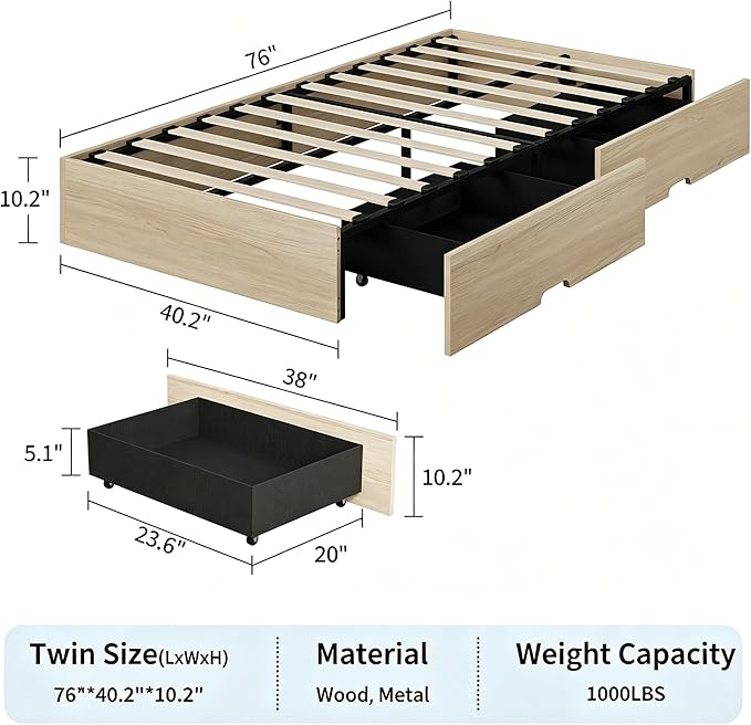 IDEALHOUSE Twin Bed Frame with 2 Storage Drawers, Wooden Bed Frame Without Headboard, Minimalist Floor Platform Bed, Wood Slat Support, Noise Free, No Box Spring Needed, Easy Assembly