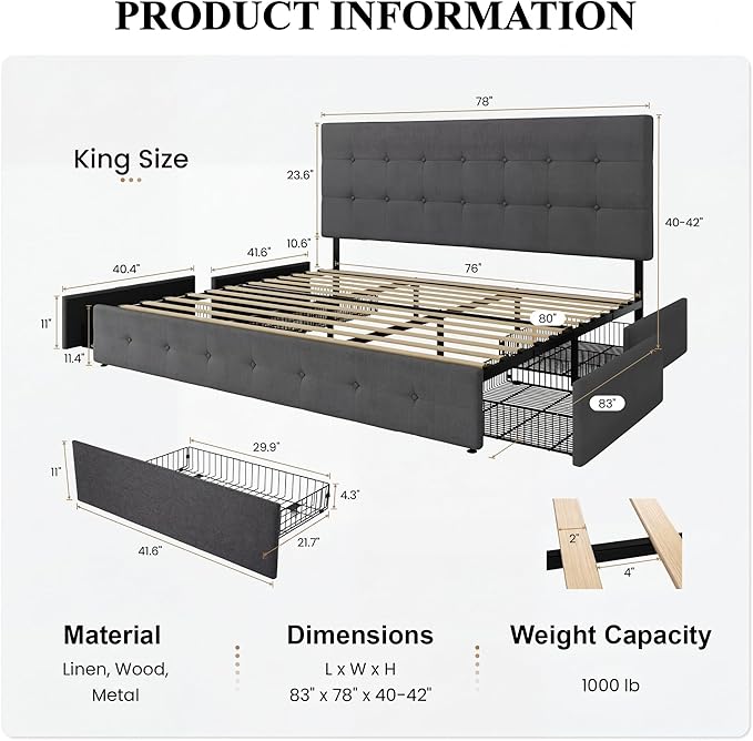 SHA CERLIN Upholstered King Size Platform Bed Frame with 4 Storage Drawers, Adjustable Headboard with Square Stitched Button Tufted Design, Wooden Slat Support, No Box Spring Needed, Dark Grey