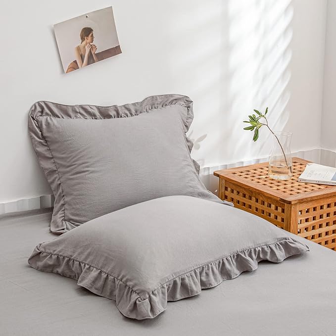 Merryword Cute Pillowcases Light Gray Pillow Shams Gray Ruffle Standard 20x26inch Pillowcases Set of 2 Shabby Chic Fringe Decor Pillow Cover