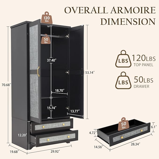 Yechen 71" Wooden Armoire Wardrobe Closet Set of 2- Modern Functional Clothes Tall Storage Cabinet with Adjustable Shelf and Hanging Rail, Sturdy Freestanding Closet Wardrobe with 2 Wide Drawers