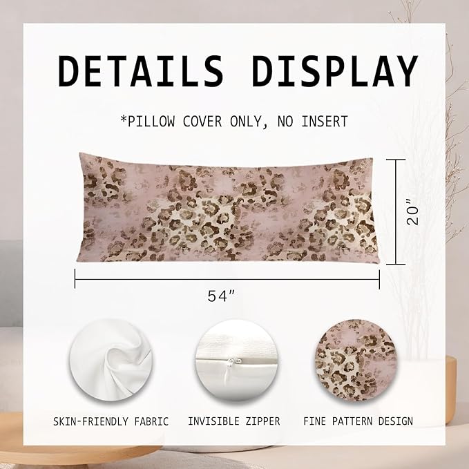 Pink Leopard Print 20x54 Body Pillow Cover, Pink Cheetah Print Room Decor, Funky Y2k Blush Pink Animal Print Decorative Long Body Pillow Cases for Girls Bedroom Dorm Apartment Bed Couch