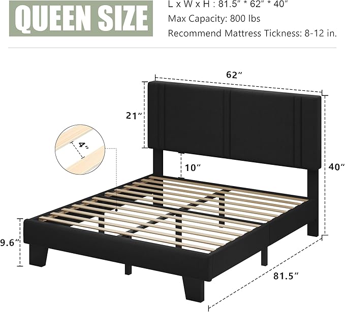 Feonase Queen Platform Bed Frame, Fabric Upholstered Queen Bed Frame, Solid Wood Slats & Heavy Duty Feet Support, No Box Spring Needed, Noise-Free, Easy Assembly, Black