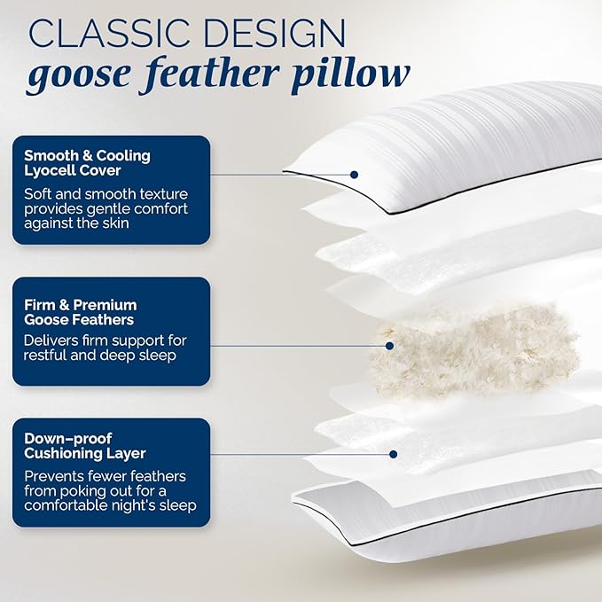 downluxe Goose Feather and Down Pillows - 2 Pack Gusseted Hotel Collection Feather Pillows for Back, Stomach or Side Sleepers, Bed Pillows King Size Set of 2 (18"x34"x2")