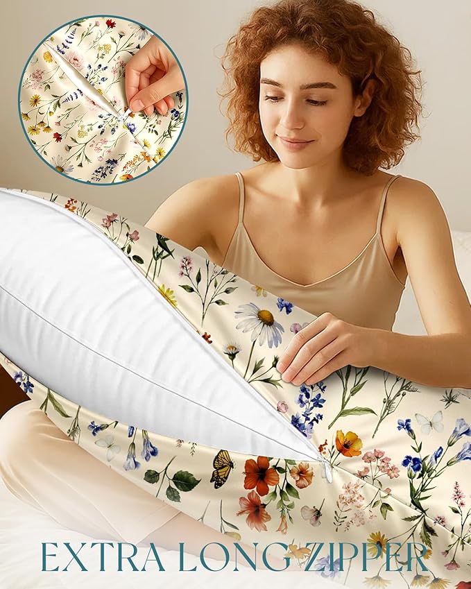Miss Adola Silk Body Pillow Cover with Zipper - 20x54 Inch Silk Long Pillow Case for Women Ladies Adults Soft Bed Decorative Cute Boho Large Body Pillowcase Sham for Hair and Skin, Vintage Flower