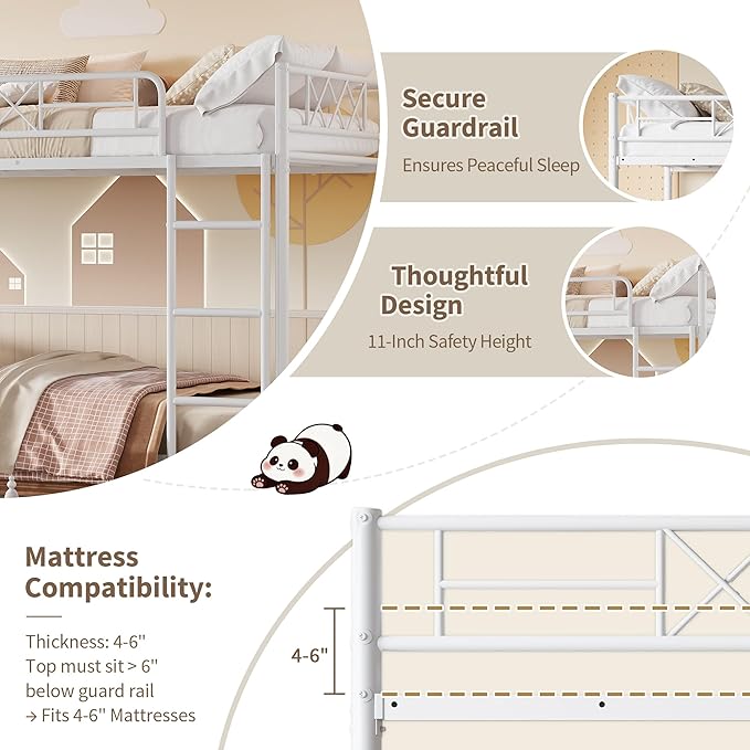 Garvee Twin Over Twin Bunk Bed with Stairs, Heavy Duty Metal Construction & High Guardrail, Sturdy Steel Slats Support, No Box Spring, Space Efficient, White
