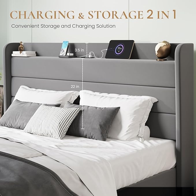 SHA CERLIN King Size Bed Frame with Charging Station, Velvet Upholstered Platform Bed, Wingback Storage Headboard, Type-C & USB Ports, Strong Wooden Slats, No Box Spring Needed, Easy Assembly, Grey