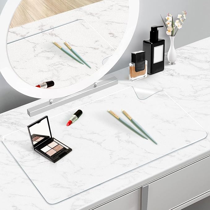 Makeup Mat for Vanity Top 35.4 x 15.7 in, PVC Desk Mat - Easy to Clean, Waterproof & Oilproof Vanity Accessories - Clear