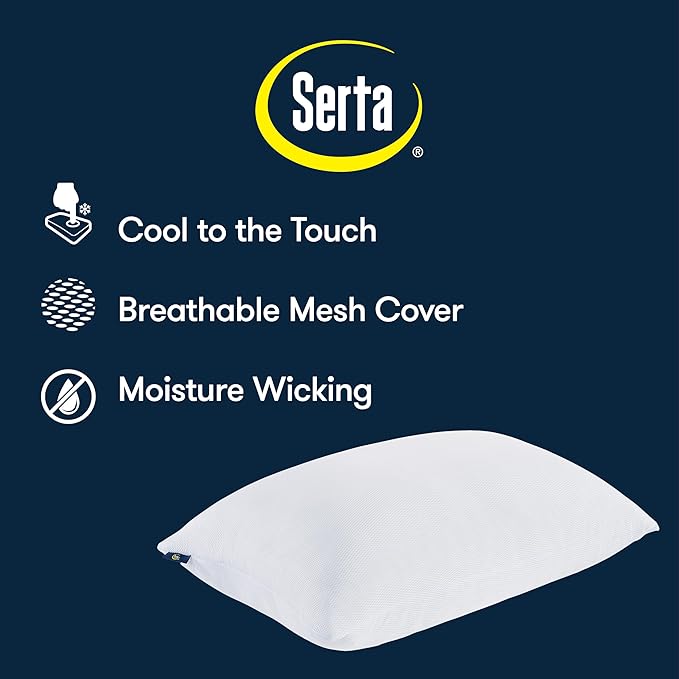 Serta Won't Go Flat King Size Set of 2 Down Alternative Cooling Bed Pillows, Extra Life Foam Core with Medium Support, Perfect for Back, Stomach or Side Sleepers, White