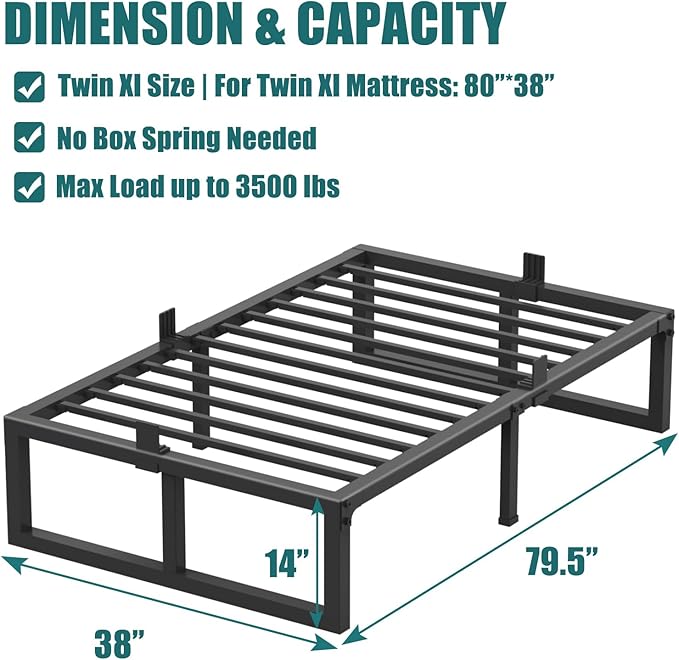Yitong Angel Twin XL Size Bed Frame, 14 Inch Heavy Duty Support 3500 lbs Metal Platform, No Box Spring Needed/Noise Free/Non-Slip/Steel Slat Support/Easy Assembly