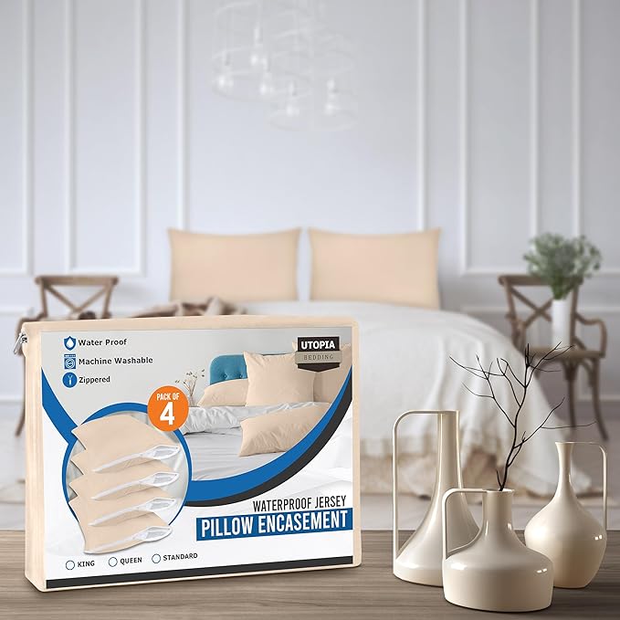Utopia Bedding Premium 100% Waterproof Pillow Protectors with Zipper Queen Size (Set of 4), Bed Bug and Dust Mite Proof Zippered Pillow Covers, Pillow Encasement Cases, Beige
