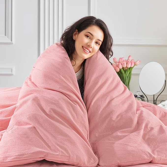 NEXHOME PRO Duvet Cover Full 100% Washed Cotton, Organic Natural Linen Like Textured, Breathable, Durable, Home Bedding Set, Heathered Pink 8090