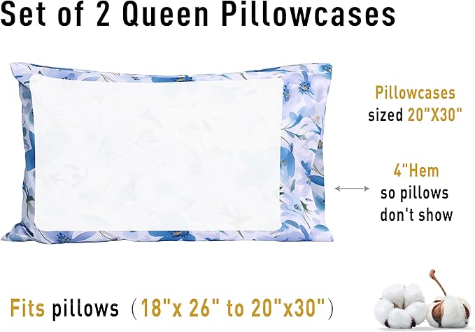 Sunflower Queen Pillowcases Set of 2, 100% Cotton Queen Size Pillow Cases 2, 20×30 inches Blue Bloom, Soft and Breathable