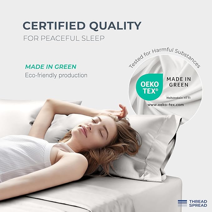 THREAD SPREAD 100% Egyptian Cotton King Size Sheets Set - Luxury 1500 Series Egyptian Cotton Sheets King Size (4 PC, Light Grey), Silky Soft, Sateen, Cooling & Breathable, 17" Deep Pocket Bed Set