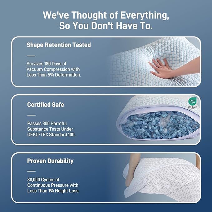 Alkyonos Shredded Memory Foam Cooling Medium Soft Bamboo Viscose Pillows Queen Size Set of 2, Adjustable Hypoallergenic Hotel Quality Pillows for Back, Stomach and Side Sleeper, Oeko-TEX Certified