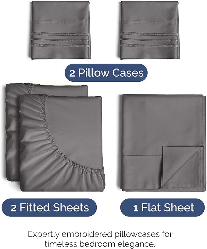 Split King Size 5 Piece Sheet Set - Comfy Breathable & Cooling Sheets - Hotel Luxury Bed Sheets for Women & Men - Deep Pockets, Easy-Fit, Soft & Wrinkle Free Sheets - Dark Grey Oeko-Tex Bed Sheet Set