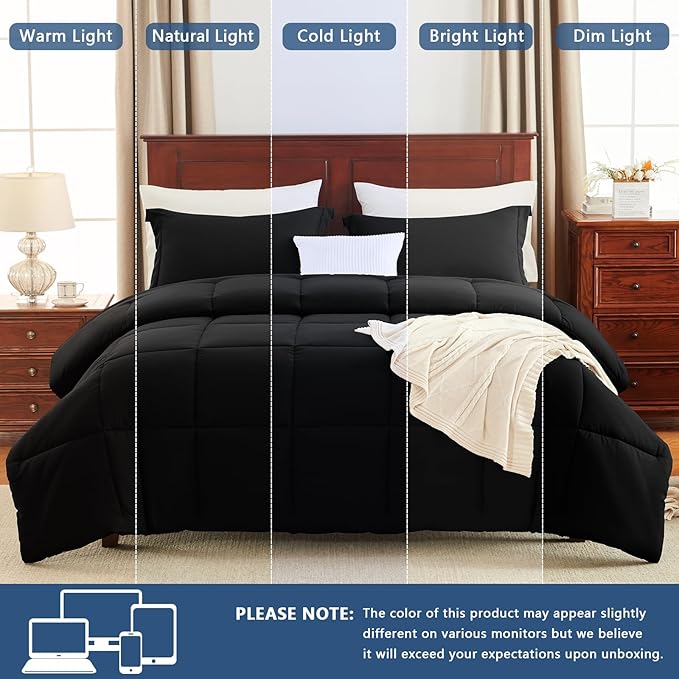 CozyLux Full Size Comforter Sets - 270GSM Black Bedding Sets for All Seasons, 3 Pieces Box Stitched Bed Set with 1 Down Alternative Comforter and 2 Pillow Shams, Soft, Lightweight, Breathable