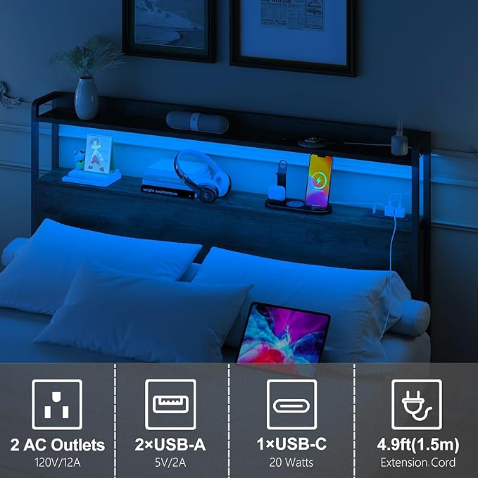 METYERRY Adjustable Full Size Headboard with Outlets, USB Ports,Type-C,LED Lights, and Storage, Rustic Brown, Sturdy Headboard for Enhanced Comfort and Functionality,Black Oak,Bed Frame NOT Included
