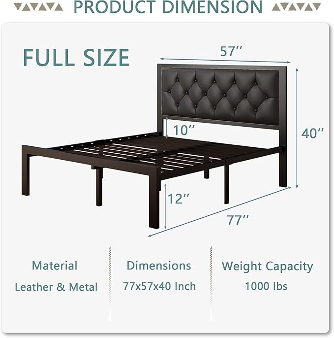 Feonase Full Size Metal Bed Frame with Faux Leather Button Tufted Headboard, Heavy-Duty Platform Bed Frame with 12" Storage, Steel Slats Support, No Box Spring Needed, Noise Free, Black