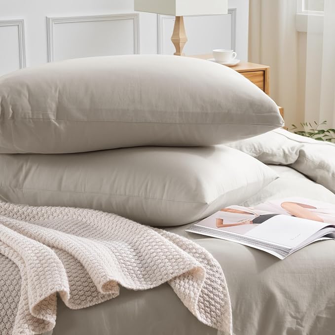 NEXHOME PRO Duvet Cover King Size, 100% Washed Cotton Orgnic Linen Like Textured Breathable Durable Comfy, Cream Grey