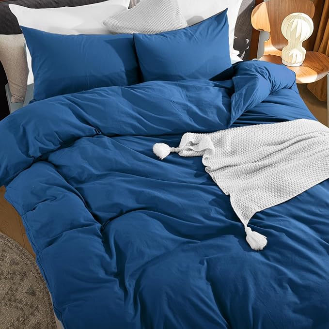 NEXHOME PRO Duvet Cover Set 100% Washed Cotton Full Size Linen Feel Textured Organic Natural 3 Pieces Bedding Set with Zipper Closure and Corner Ties, Breathable and Soft (Blue, No Comforter)