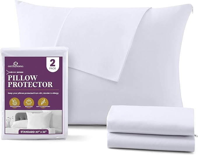 CirclesHome Pillow Protectors 2 Pack Standard Zippered - 100% Cotton Breathable Pillowcases - Protects Pillows from Dirt, Dust and Debri (Standard - Set of 2 - 20x26)