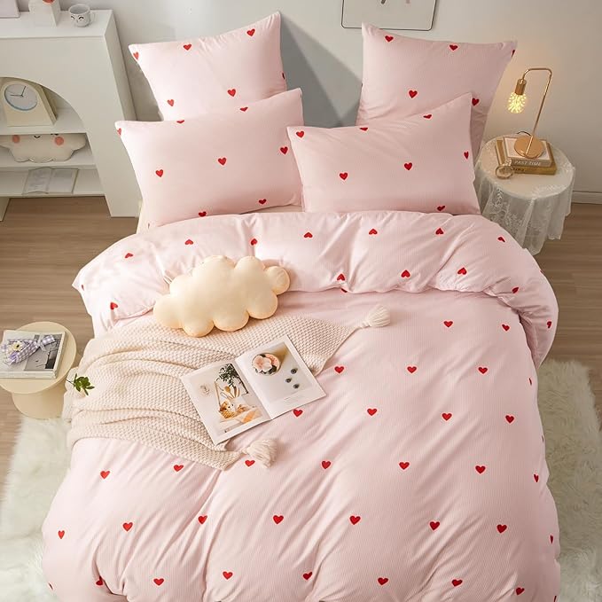 Nayoroom Heart Duvet Cover Queen Size Cute Pink Striped Printed Bedding Set 3Pcs Kids Girls Kawaii Heart-Shaped Comforter Cover with Zipper Closure Soft Breathable Microfiber