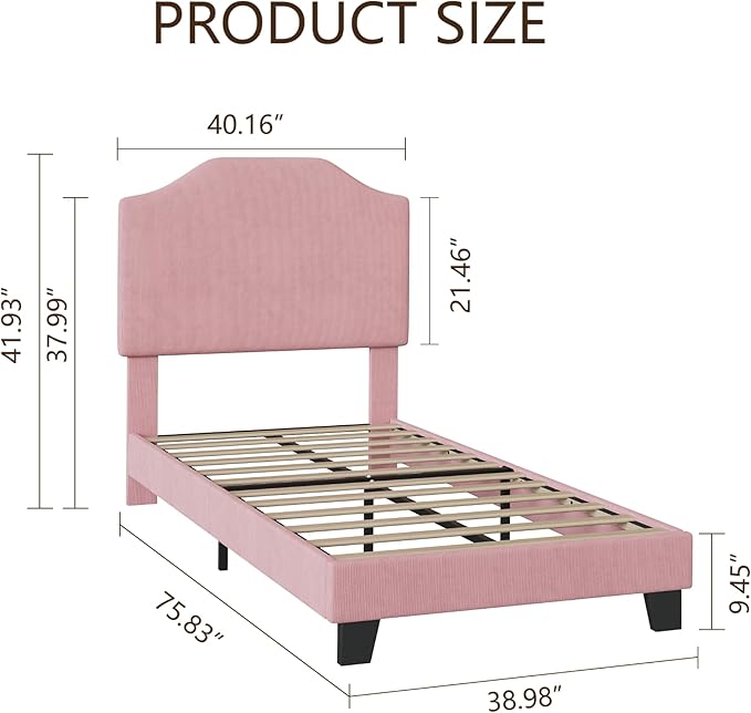 Twin Bed Frames, Corduroy Upholstered Twin Bed Frame with Cute Adjustable Headboard, Fabric with Strong Wooden Slats Support, No Box Spring Needed, Easy Assembly, Pink